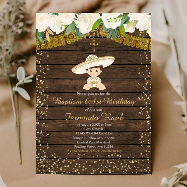 Convite Dourado Fiesta Baptism e Primeiro Aniversário (Criador carregado)