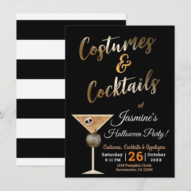 Convite Dourado Figurino e Cocktails Bebida Caveira Hallow (Frente/Verso)