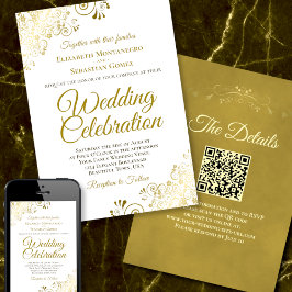 Convite Dourado Filigree no Casamento de Código QR Elegant