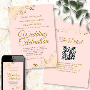 Convite Dourado Filigree no Casamento de Código QR Elegant