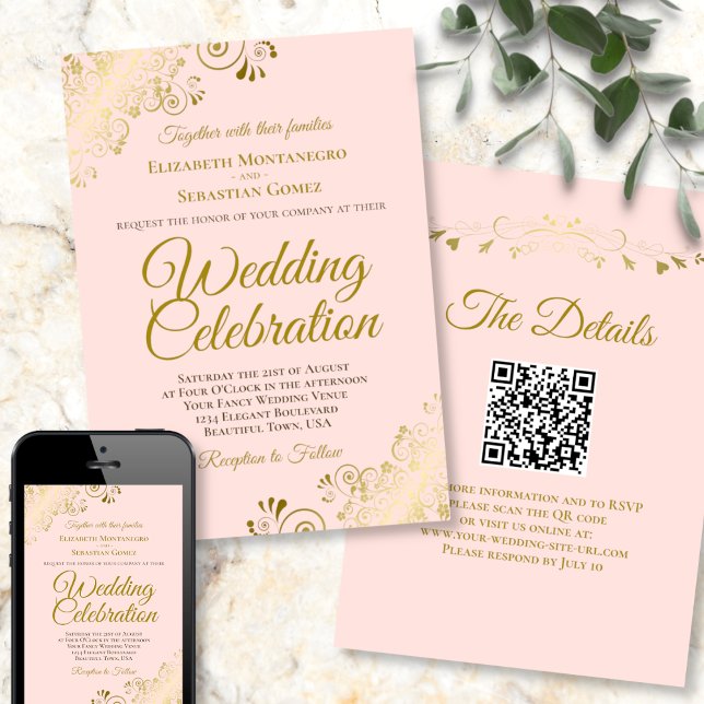 Convite Dourado Filigree no Casamento de Código QR Elegant (Criador carregado)