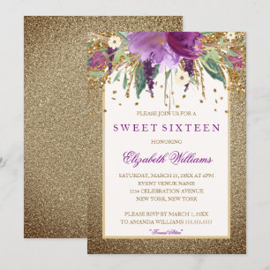 Convite Dourado Floral Amethyst Espumante Sweet Sixteen