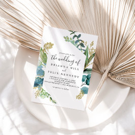 Convite Dourado Floral Com Verde Tropical Casamento De