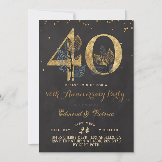 Convite Dourado Floral de 40 anos (Frente)
