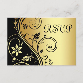 Convite Dourado Floral De Casamento Rsvp Preto