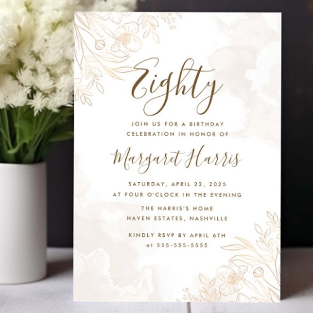 Convite Dourado Floral Deixa Fronteira 80 Oitavo Aniversár (Criador carregado)