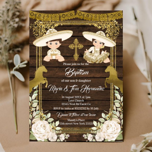 Convite Dourado Floral mexicano Fiesta Twin Invitatio (Criador carregado)
