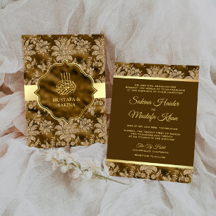 Convite Dourado Floral Musgo Marrom Casamento Islâmico Muç