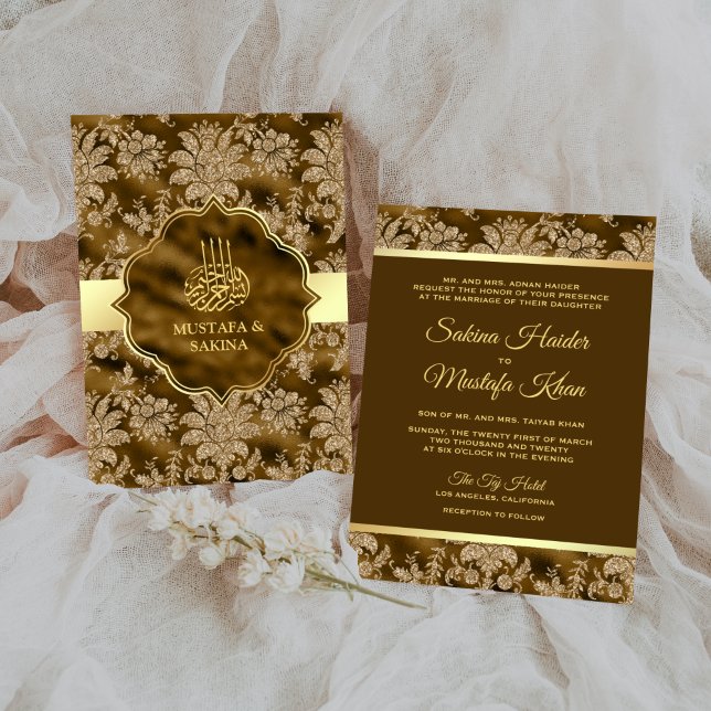 Convite Dourado Floral Musgo Marrom Casamento Islâmico Muç (Criador carregado)