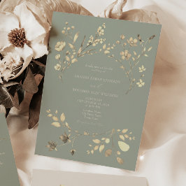 Convite Dourado Floral para Casamento Sage Green