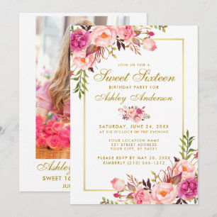 Convite Dourado Floral, Rosa, Sweet, 16 Aniversário - Fot