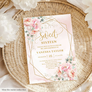 Convite Dourado Floral Sweet 16  Sage Blush Moderno Rosa