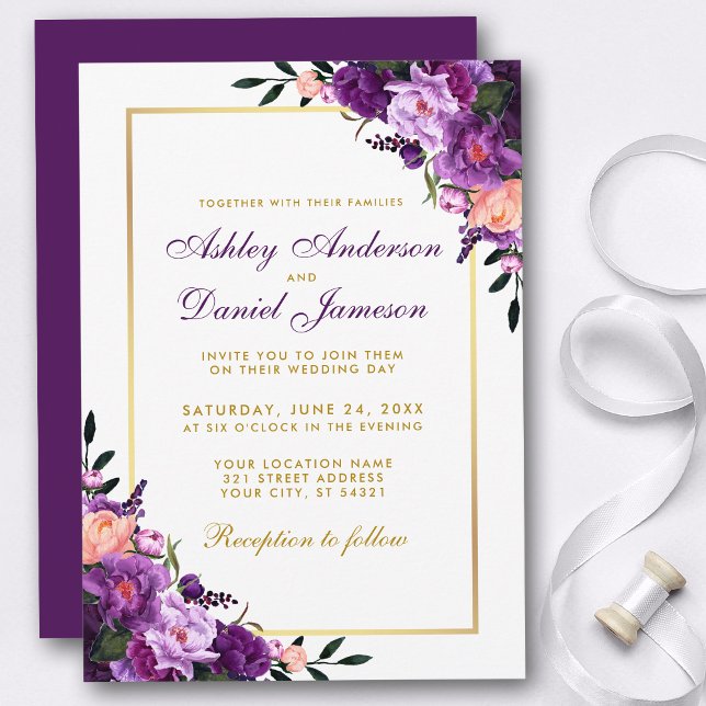 Convite Dourado Floral Violeta Roxo (Customize to change text color, style, add text & photos to back or change color of back of card.)