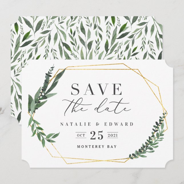 Convite dourado geométrico aguarela folhagem (Frente/Verso)
