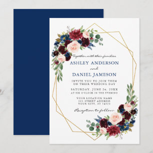 Convite Dourado Geométrico de Casamento Azul Floral