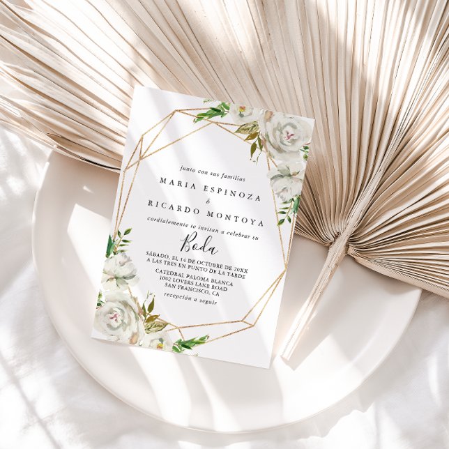 Convite Dourado Geométrico Peony Floral Casamento Espanhol (Criador carregado)