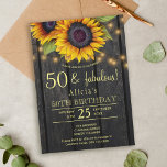 Convite Dourado girassol, madeira de celeiro caipira cinqu<br><div class="desc">Na moda de convite para modelo de da Rússia na quinta-festa de aniversário na terra marrom-escura sobre fundo de madeira apresentando grandes buquês de girassol de ouro amarelo, cordas de luzes cintilantes e um falso roteiro de tipografia de ouro. Fácil de personalizar com seus detalhes! Você pode personalizá-lo alterando ainda...</div>