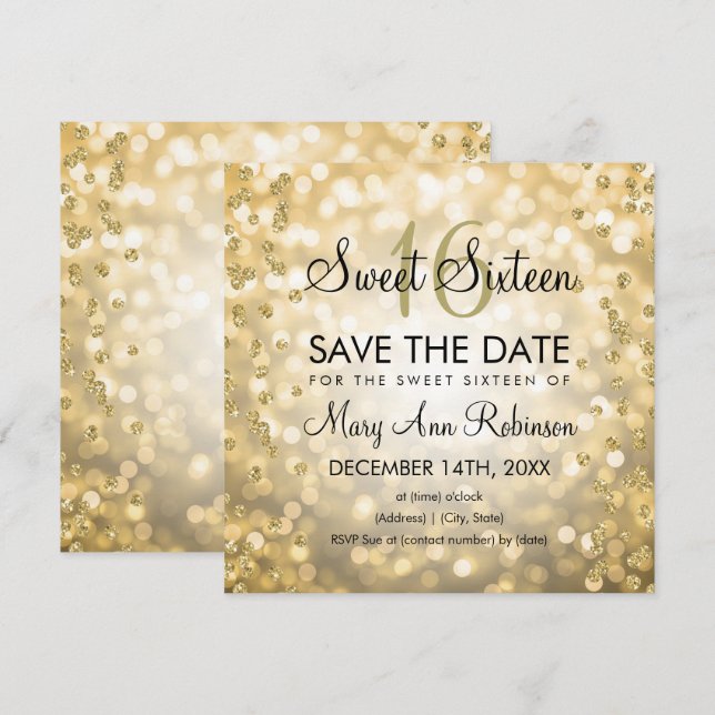 Convite Dourado Glam Doce 16 Dezesseis Luzes Leves (Frente/Verso)