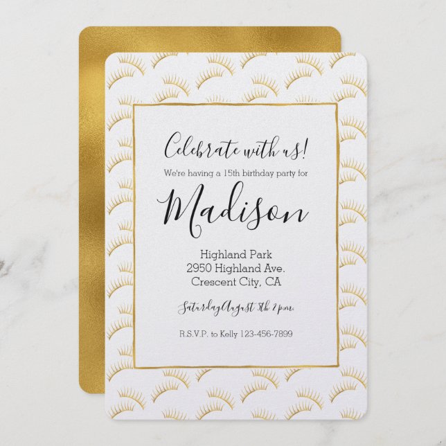Convite Dourado Glam Eyelashes Aniversário (Frente/Verso)