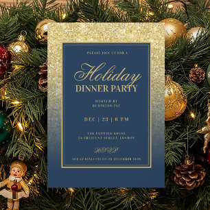 Convite Dourado Glam FAUX Brilho Festa de Natal Azul Naval