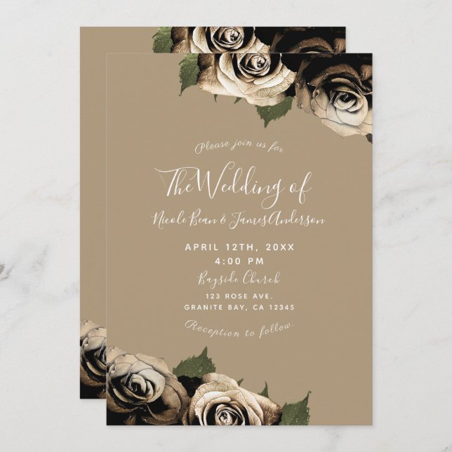Convite Dourado Glam Floral Rosas Elegante Tan Wedding (Frente/Verso)