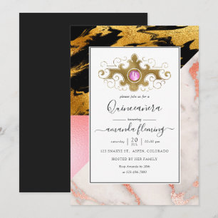 Convite Dourado Glam Glitter Mármore Monograma Quinceañera