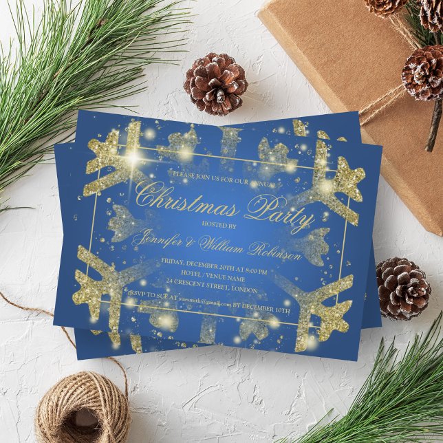 Convite Dourado Glam Glitter Snowflake Xmas Holiday Blue (Gold Glam Glitter Snowflake Xmas Holiday Blue Invitation)