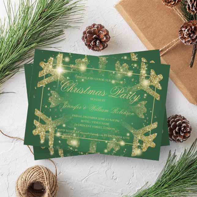 Convite Dourado Glam Glitter Snowflake Xmas Holiday Green (Gold Glam Glitter Snowflake Xmas Holiday Green Invitation)