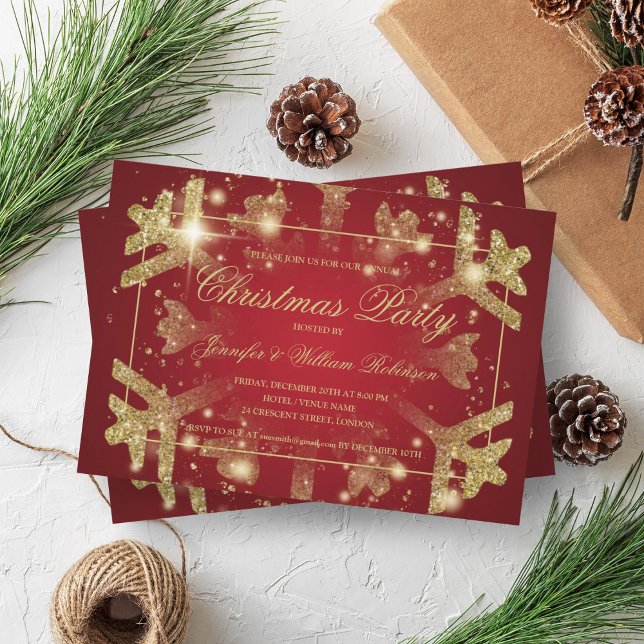 Convite Dourado Glam Glitter Snowflake Xmas Vermelho Natal (Gold Glam Glitter Snowflake Xmas Holiday Red Invitation)