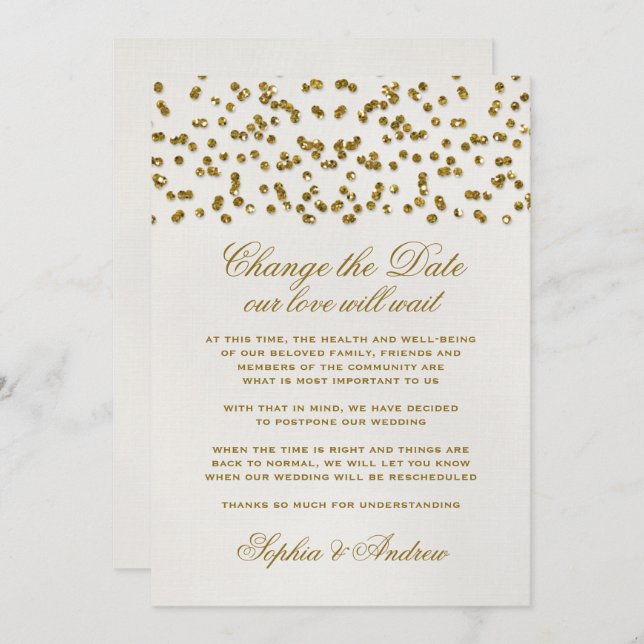Convite Dourado Glamor Glitter Confetti Altere a Data (Frente/Verso)