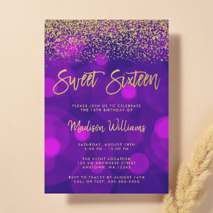 Convite Dourado Glitter 16 de Bokeh Roxo Moderno
