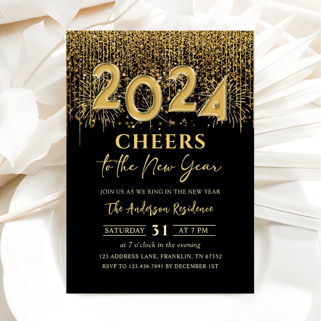 Convite Dourado Glitter Cheers Party 2024 (Criador carregado)