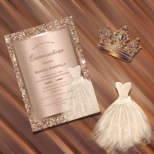 Convite Dourado Glitter Cobre Metálico Elegante Quinceañer