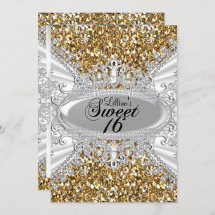 Convite Dourado Glitter Diamond Tiara Sweet 16 Convide
