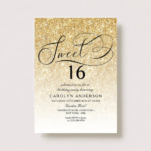 Convite Dourado Glitter Elegant Script Sweet 16 Aniversári
