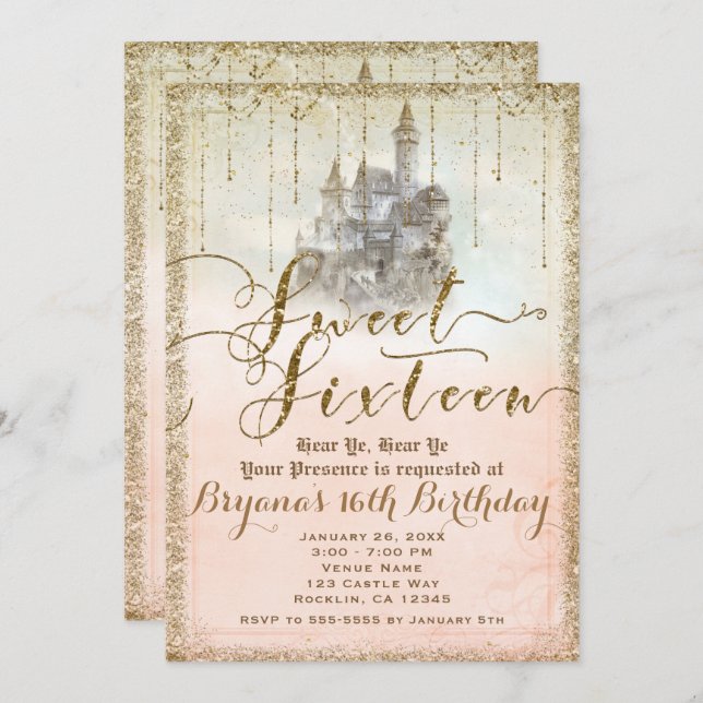 Convite Dourado Glitter Fairytale Storybook Castle Sweet 1 (Frente/Verso)