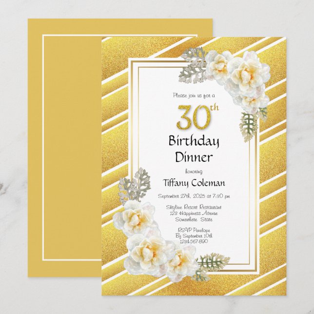 Convite Dourado Glitter Floral aniversário de 30 anos Part (Frente/Verso)