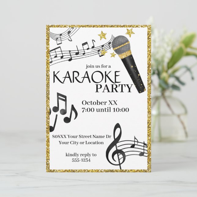 Convite Dourado Glitter Microphone Music Notes Karaoke Par (Em pé/Frente)