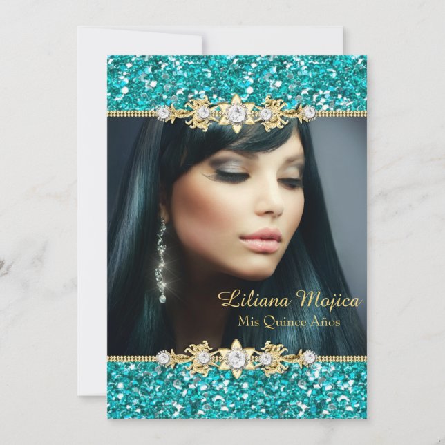 Convite Dourado Glitter Teal e Arco de Joias Quinceanera (Frente)