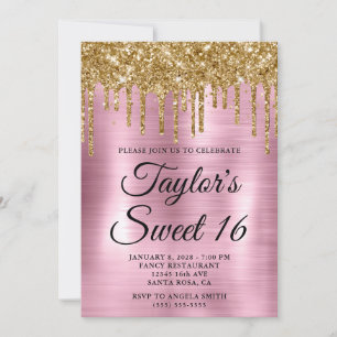 Convite Dourado Gotejando Brilho Rosa Claro Foil Sweet 16