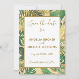 Convite Dourado Green Tropical deixa a data de casamento