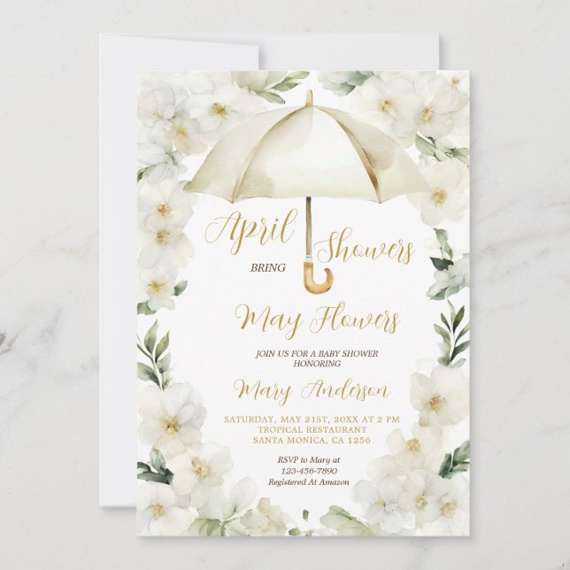 Convite Dourado guarda-chuva branco Chás de abril convidam (Frente)
