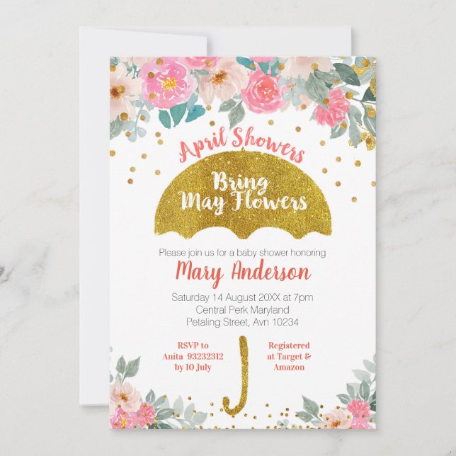 Convite Dourado guarda-chuva Chás de abril trazem flores d (Frente)