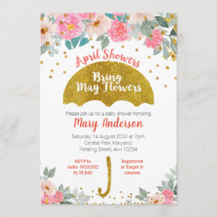 Convite Dourado guarda-chuva Chás de abril trazem flores d