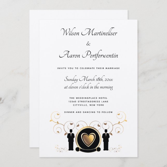 Convite Dourado Heart Male Wedding Kraft Paper LGBTQ (Frente/Verso)