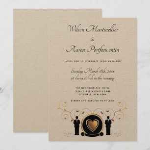 Convite Dourado Heart Male Wedding Kraft Paper LGBTQ
