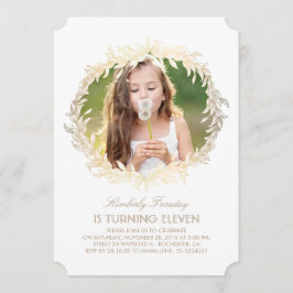 Convite Dourado Laurel Wreath White Elegant Foto Aniversár
