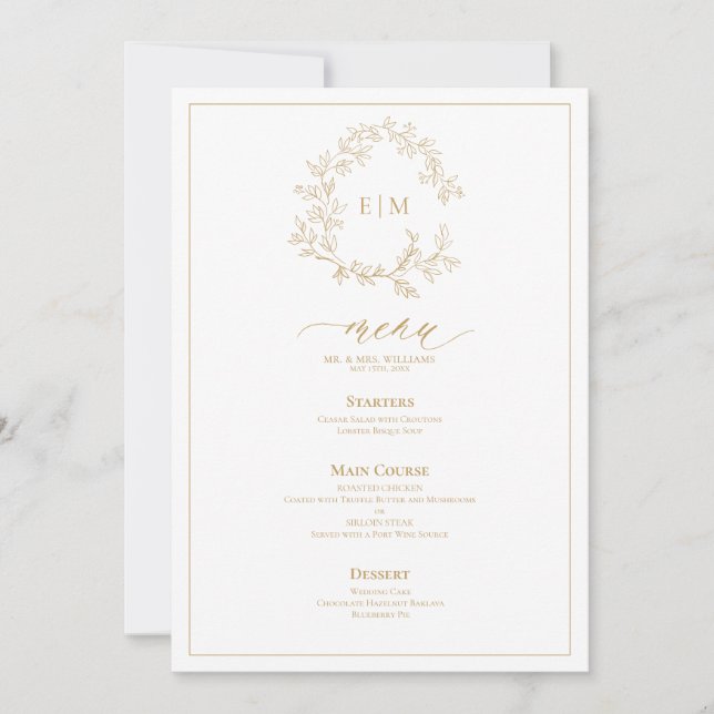 Convite Dourado Leafy Crest Monograma Menu Casamento (Frente)