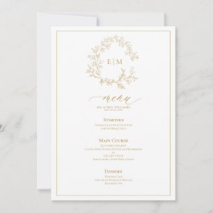 Convite Dourado Leafy Crest Monograma Menu Casamento