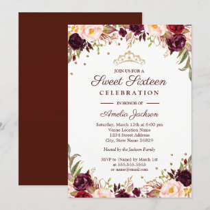 Convite Dourado legante Burgundy Floral Sweet Sessenta